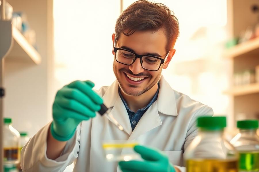 Two researchers examining samples at a laboratory bench